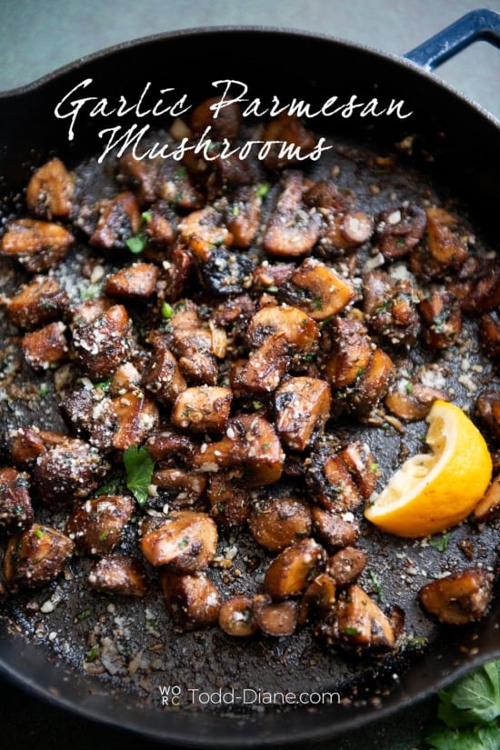 skillet parmesan mushrooms recipe in pan