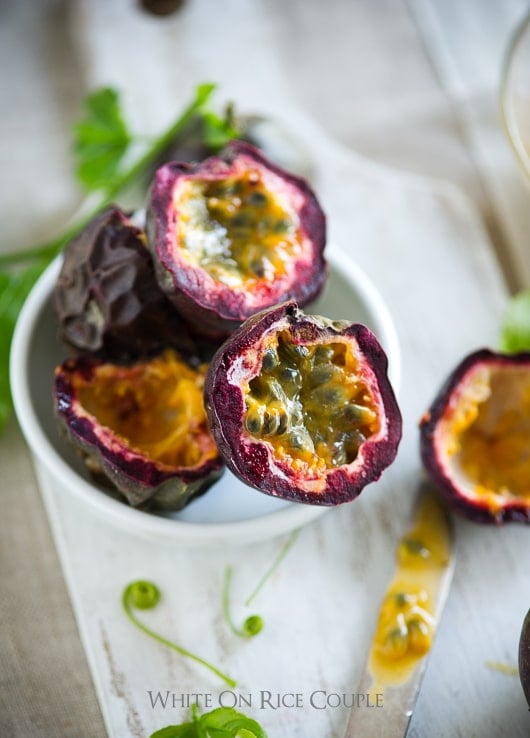 Fresh passion fruit cut in half