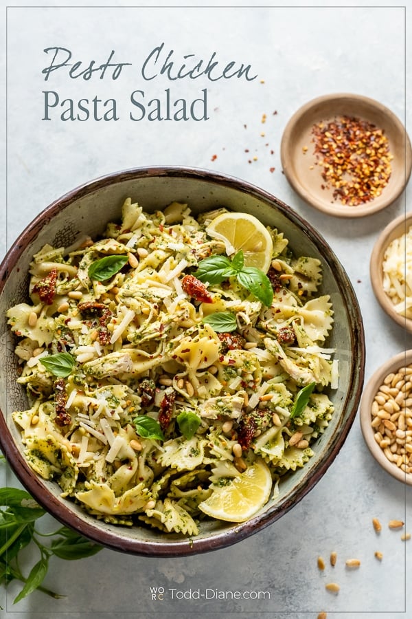 Easy Pesto chicken pasta salad recipe in a bowl
