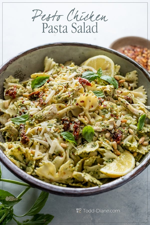 Easy Pesto chicken pasta salad in a bowl