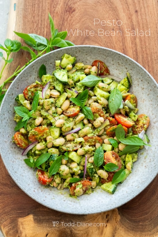 bowl of pesto white bean salad 