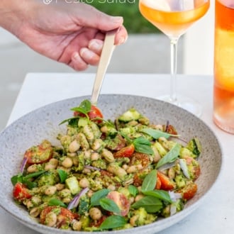 spoon of pesto white bean salad