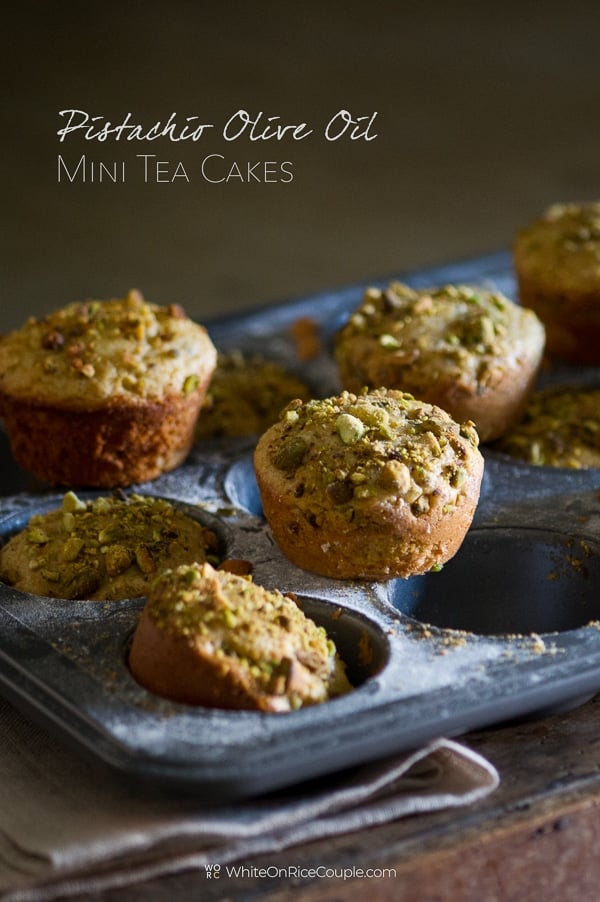 Pistachio Olive Oil Mini Tea Cakes in a muffin tin