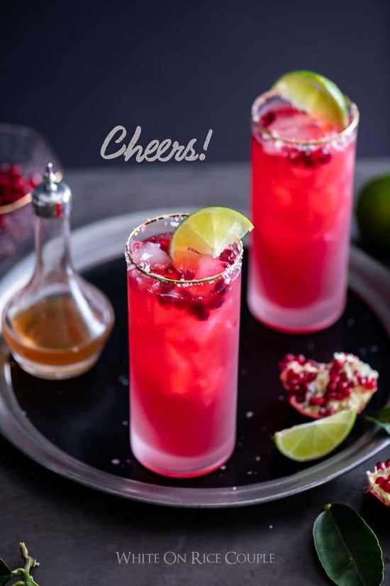 Pomegranate Margarita in salted rim glass