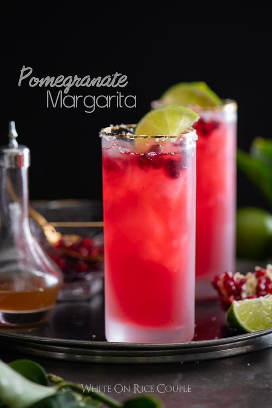 Pomegranate Margarita in salted rim glass