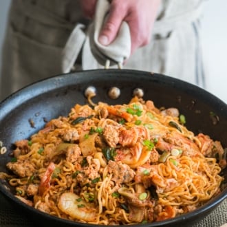 Favorite Pork and Noodle Stir Fry with KimChi. These are loaded with flavor and so delicious | WhiteOnRiceCouple.com