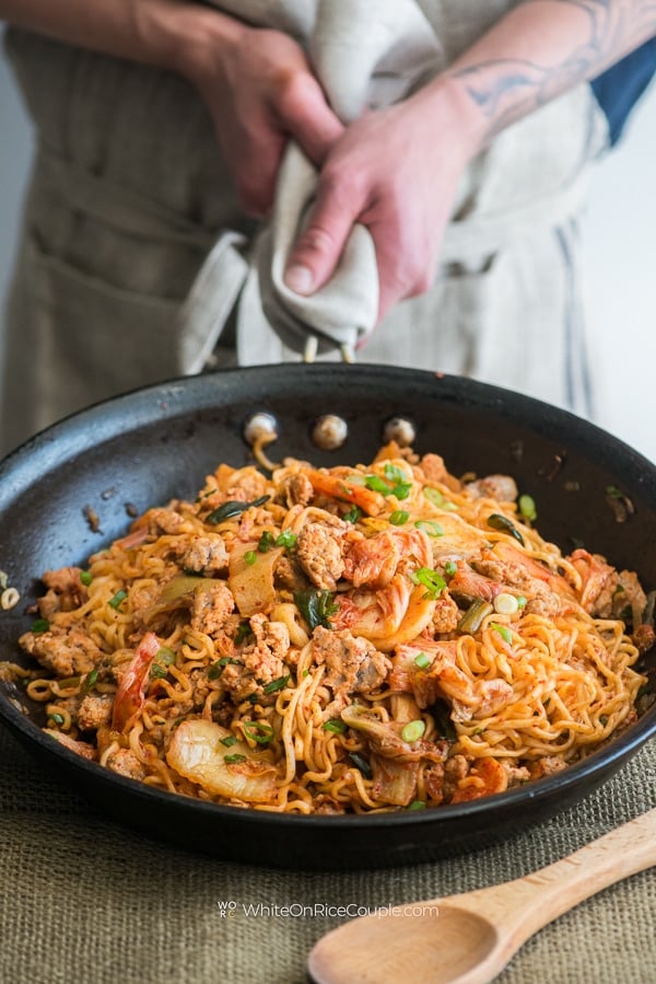 Favorite Pork and Noodle Stir Fry with KimChi in a skillet