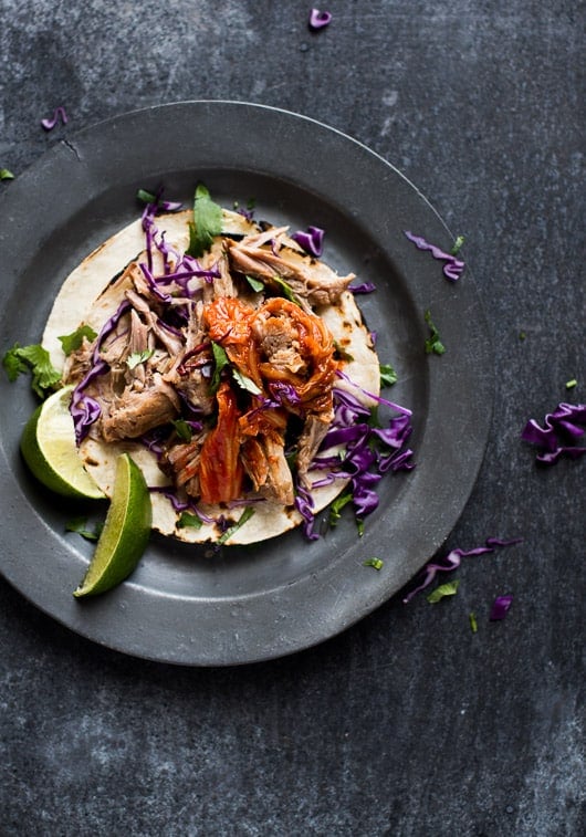 Pulled Pork Tacos with Kimchi on a plate