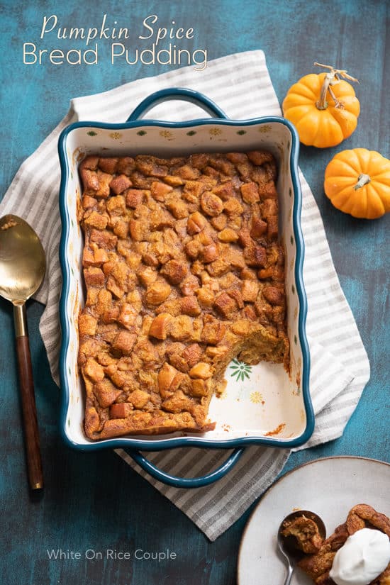 Pumpkin Spice Bread Pudding in a ceramic baking dish