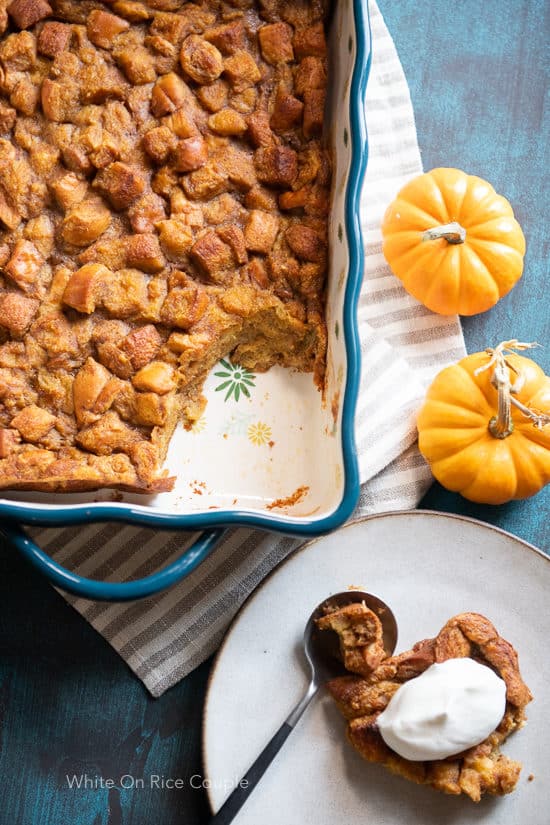 Pumpkin Spice Bread Pudding piece cut on a plate