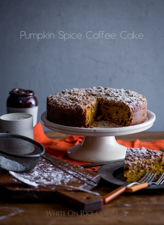 Pumpkin Coffee Cake on a cake stand
