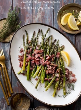 Roasted Asparagus Recipe with Garlic and Ham | @whiteonrice