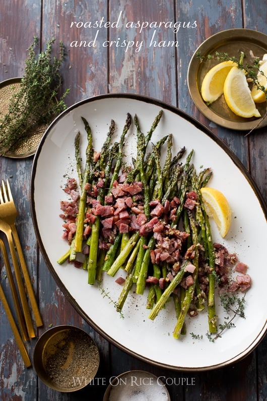 Roasted Asparagus Recipe with Garlic and Ham on a plate