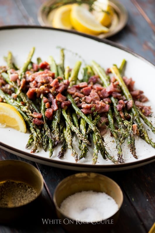 Garlic Roasted Asparagus Recipe with Ham on a plate