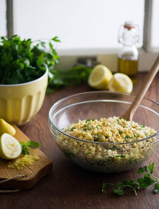 Roasted Corn Tabouli in a glass bowl