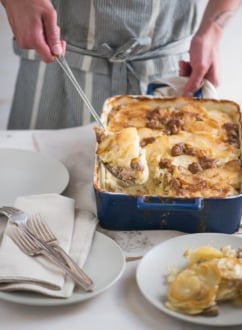 Dishing out a serving of sausage potatoes au gratin