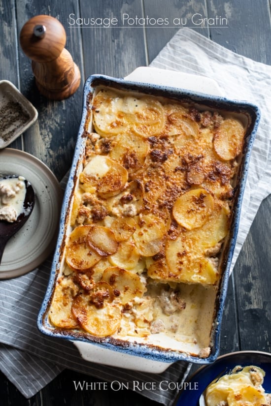 Sausage potatoes au gratin recipe or sausage scalloped potatoes in a baking dish