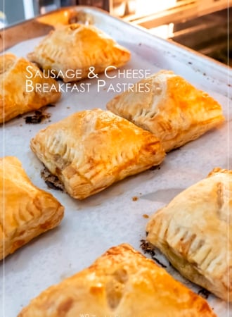 sausage breakfast pastries on a sheet pan in oven