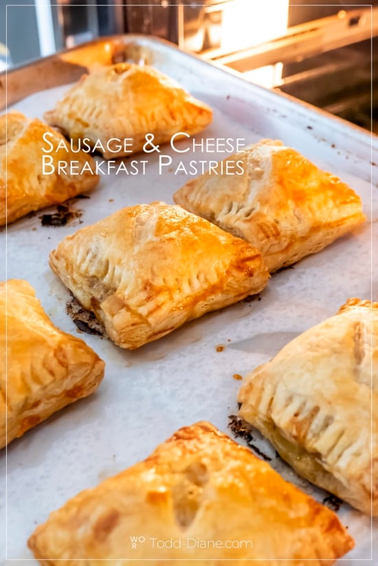 sausage breakfast pastries on a sheet pan in oven