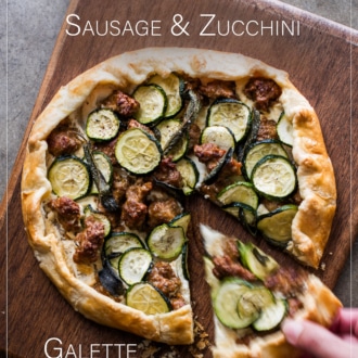 Sausage and Zucchini Galette on a cutting board