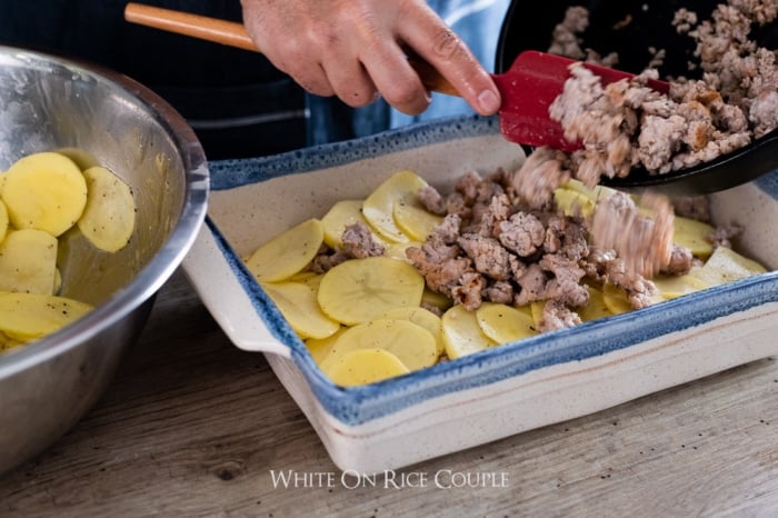 Sausage potatoes au gratin recipe or sausage scalloped potatoes @whiteonrice