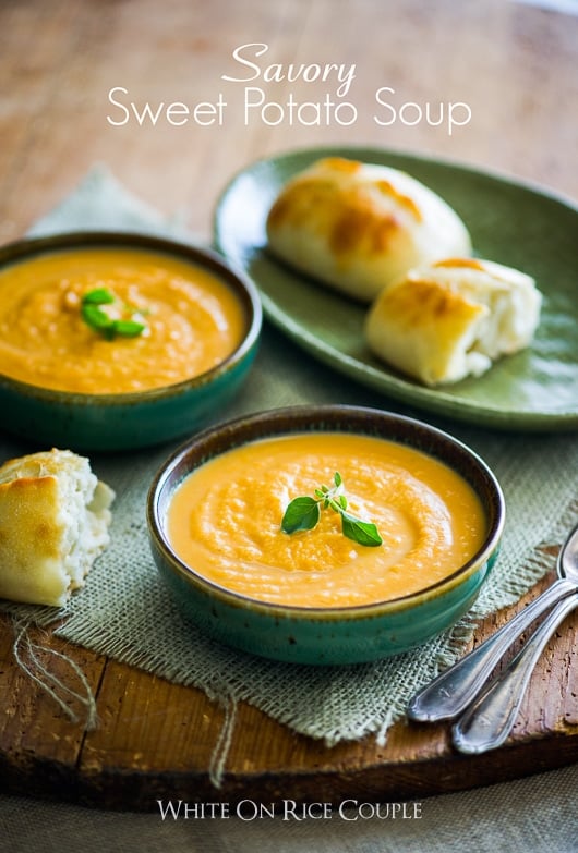 Savory sweet potato soup recipe in a bowl