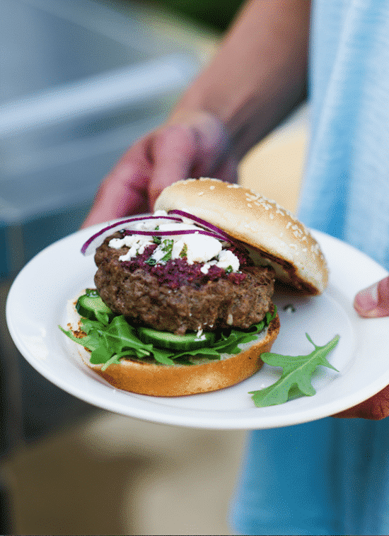 Grilling recipes Lamb Burger with Tapenade on a plate