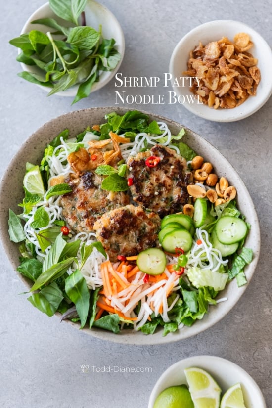 bowl of vietnamese shrimp noodles and veggies 