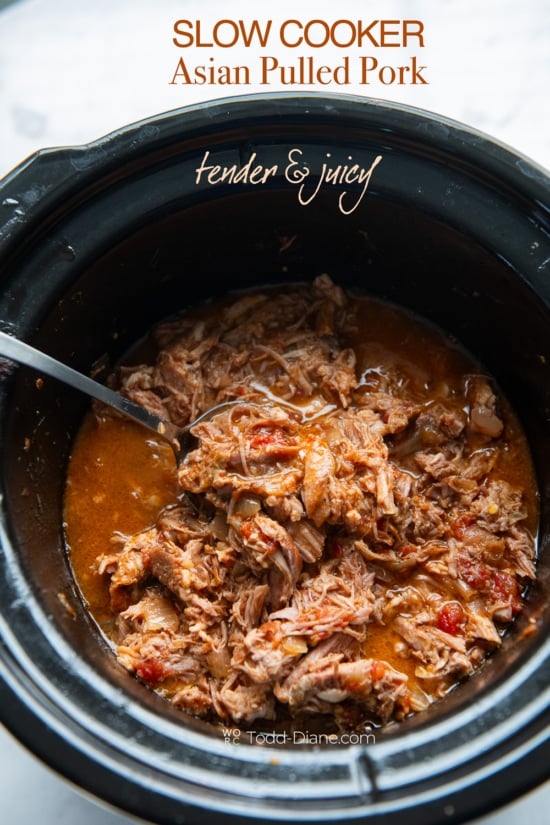 ladle with pulled pork and sauce from slow cooker asian pulled pork