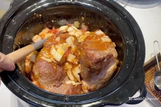 Pork added to slow cooker