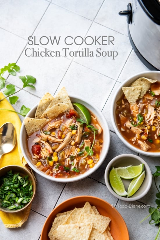 bowl of slow cooker chicken tortilla soup 