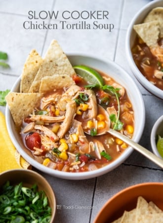 bowl of slow cooker chicken tortilla soup
