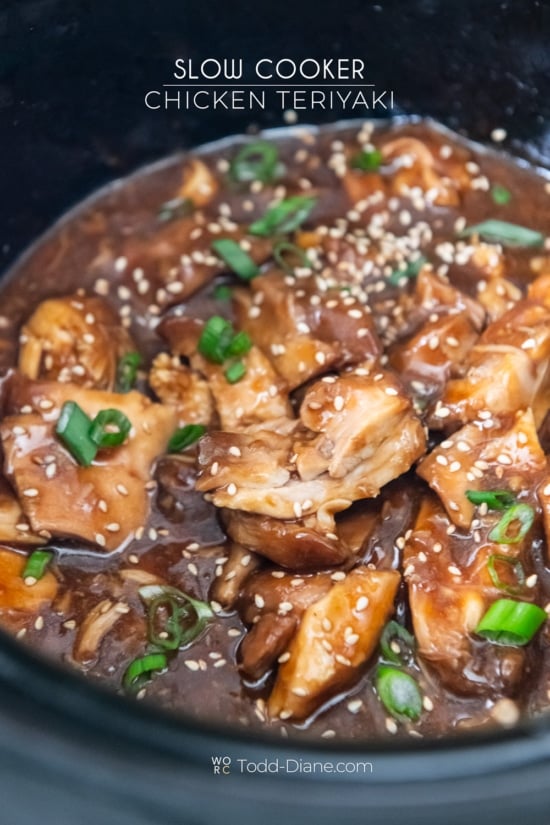 crock pot of cooked teriyaki chicken 