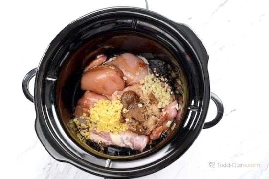 Chicken teriyaki ingredients in the slow cooker