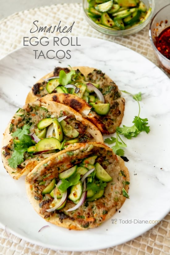 plate of crispy smashed egg roll tacos 
