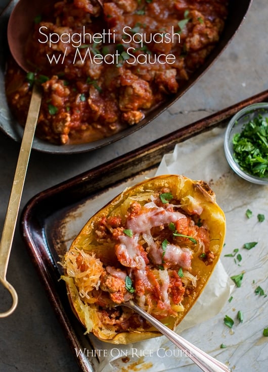 Spaghetti Squash Recipe with Meat Tomato Sauce on a baking sheet