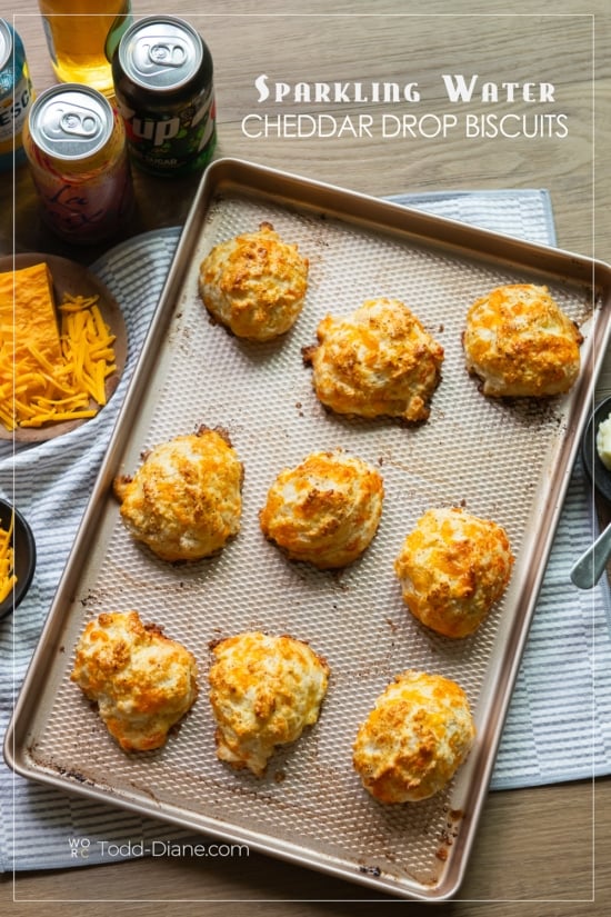 sparkling water cheddar drop biscuits on sheet pan