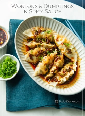 bowl of spicy wontons in sauce