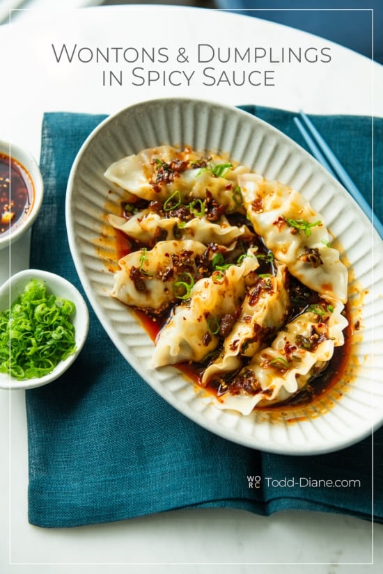 bowl of spicy wontons in sauce