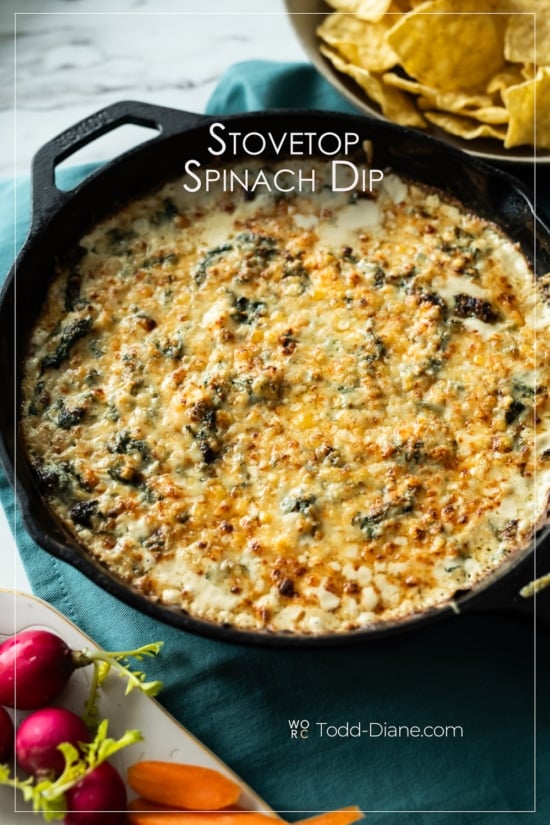 hot stovetop spinach dip pan with chips