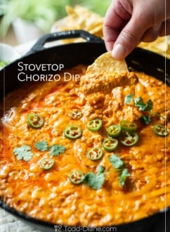 tortilla chip dipping into stovetop chorizo dip