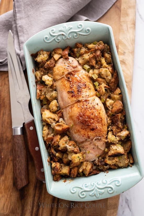 Stuffing Roast Turkey Breast Recipe with Thanksgiving Stuffing in a baking dish