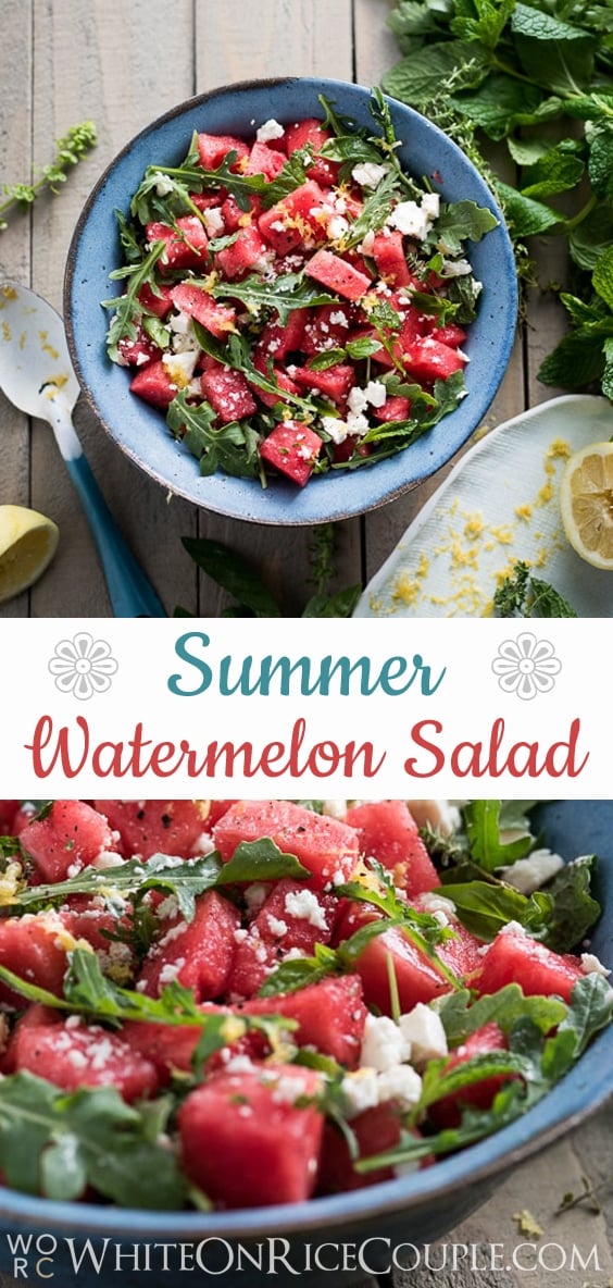 Watermelon Salad Recipe with Arugula, Feta, Mint or Fresh Herbs | @whiteonrice