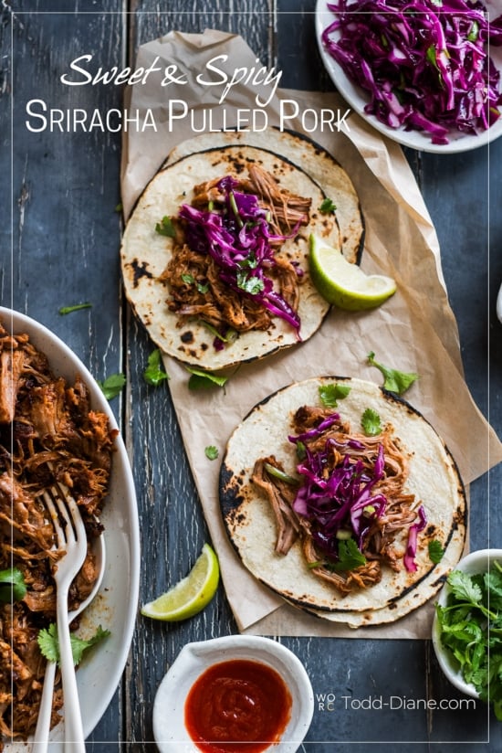 tacos made with asian pull pork with sriracha