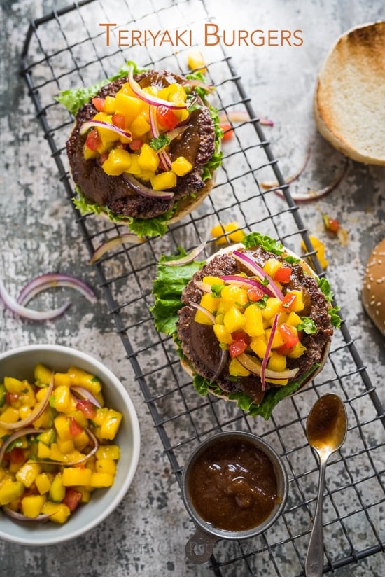 Teriyaki Burgers with Homemade Teriyaki Sauce Recipe and Mango Salsa on burger patties