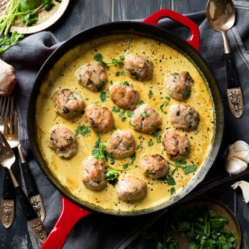 Thai Curry Chicken Meatballs In Curry Sauce White On Rice Couple