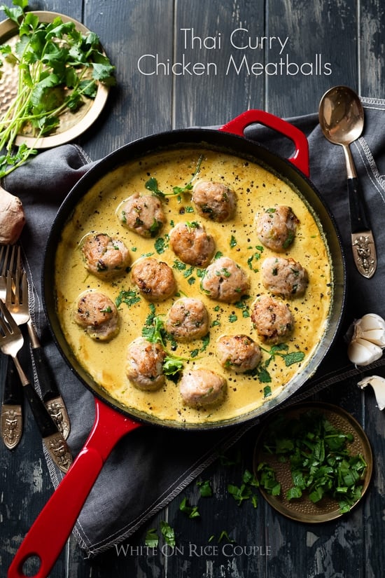 Thai Curry Chicken Meatballs in a skillet