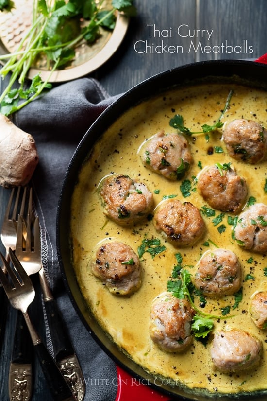 Thai Curry Chicken Meatballs in a skillet