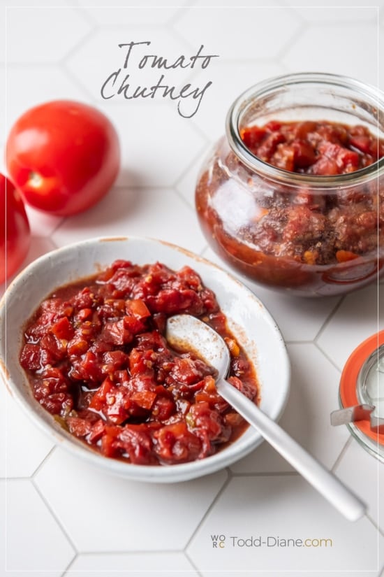 spoon and bowl of tomato chutney