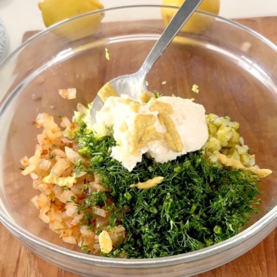 Tuna salad ingredients in bowl